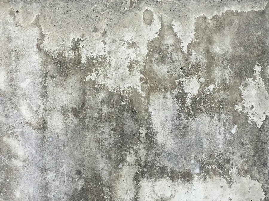 Water staining and mineral deposits on a bare concrete wall