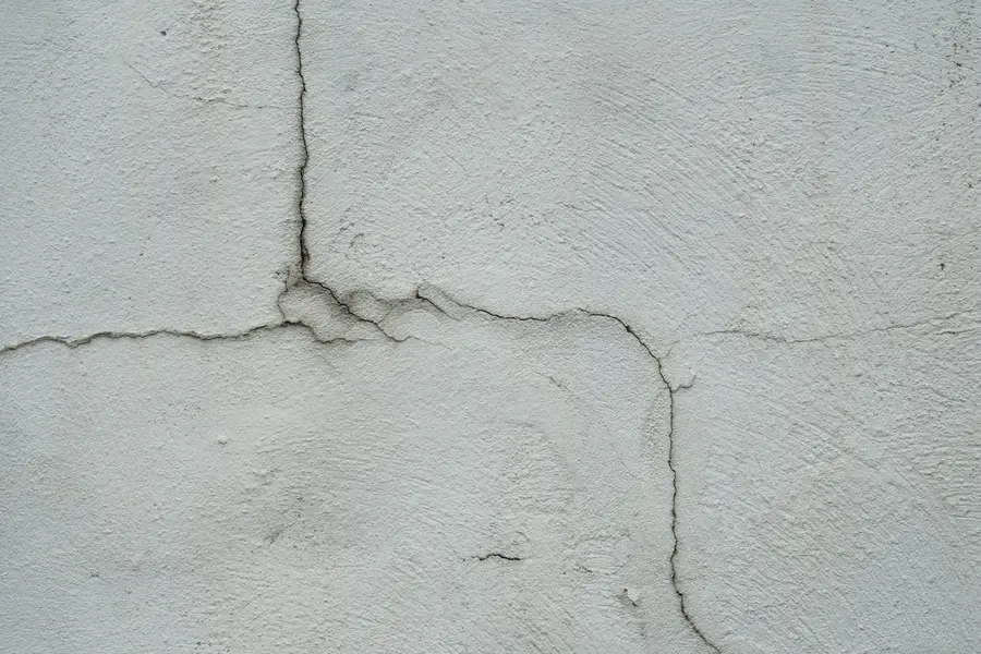 Branching crack pattern in a grey rendered wall