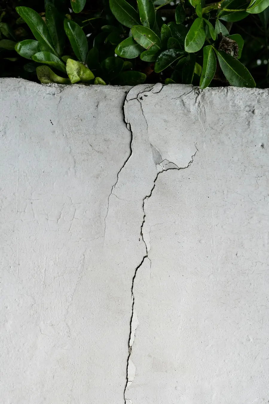 Forked crack running down a grey plastered wall