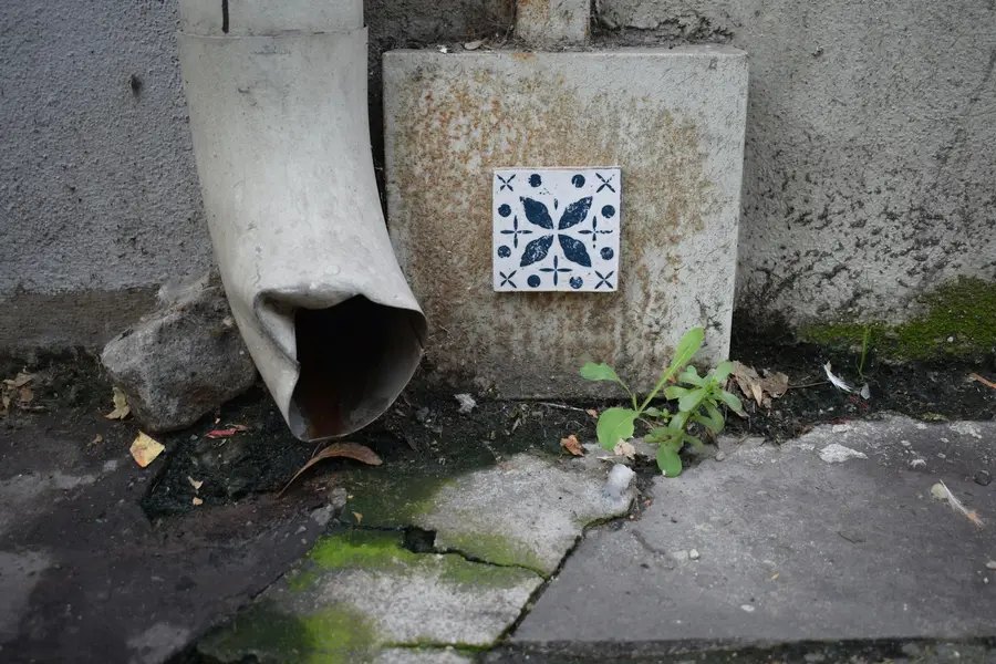 Downspout ending in a broken clay pipe at the base of a foundation wall