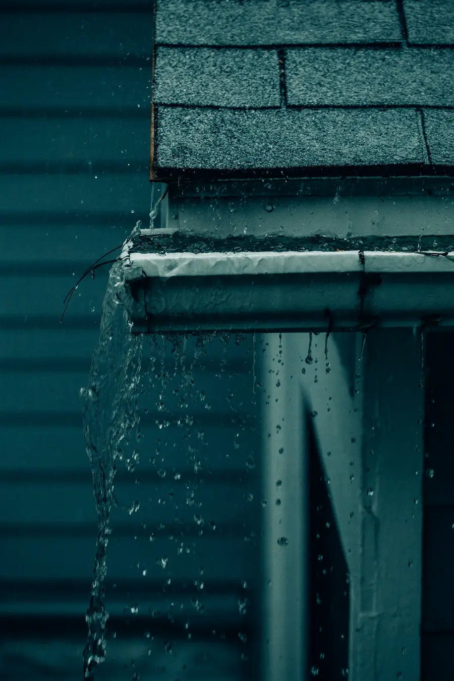 Rainwater overflowing the edge of a blocked eavestrough