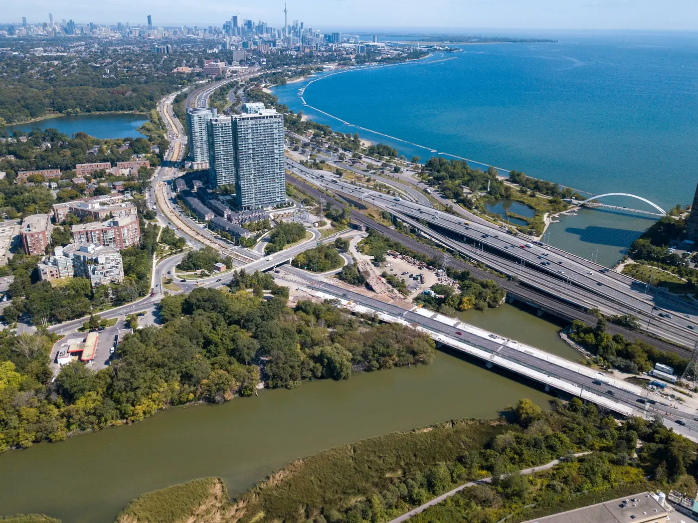 Aerial view of the Humber River mouth, the Gardiner Expressway and the Lake Ontario shoreline