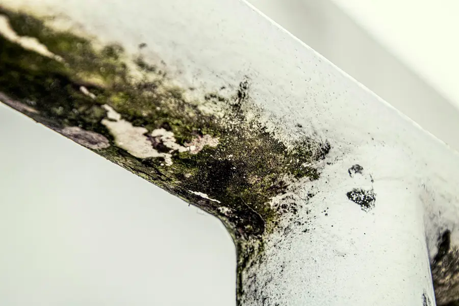 Dark mould growing along the corner of a white window sill