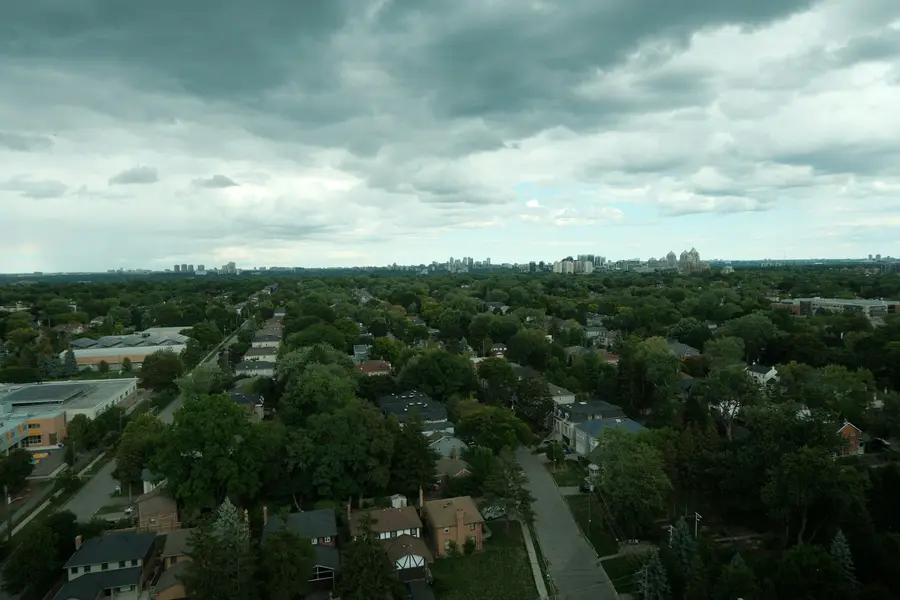 Aerial view over a leafy residential neighbourhood under a cloudy sky